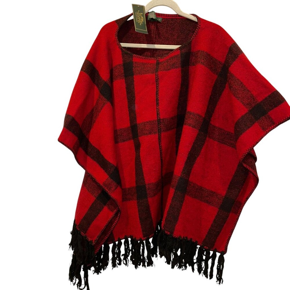 Ralph Lauren NEW NWT red black buffalo plaid check poncho cape